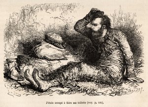 Luitenant Tyson bezig met zijn ochtendtoilet, een kam voordat hij zijn laarzen aantrekt, geëtst naar een tekening van E.Riou, ter illustratie van het verhaal van de Polaris, ijsschots, door luitenant Tyson, in 1870-1873, gepubliceerd in 