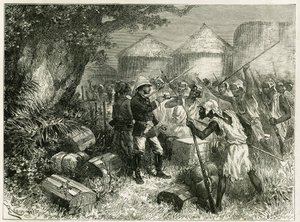 Luitenant Valliere verdedigt zich tegen de inwoners van Sibi (of Siby), een Mandingo-dorp in Hoog-Niger (het huidige Mali), waarvan de inwoners zeer verontrust waren door de komst van het verkenningsdetachement. Gravure door Riou, gebaseerd op een schets v