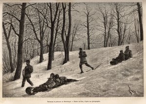 Sleeën en schaatsers op het plateau van Mont-Royal, nabij Montreal, gravure naar een tekening van Riou, ter illustratie van de excursie naar Canada en de Riviere Rouge du nord, door H. De Lamotte, 1873, gepubliceerd in 