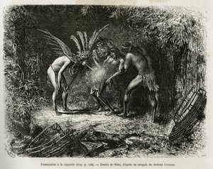 Medische fumigatie met sigaretten bij de Roucouyan-indianen. Gravure door Riou, ter illustratie van het verhaal van Cayenne aux Andes, door Jules Crevaux, arts van de Franse marine, in 1878-1879, gepubliceerd in 