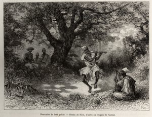 Ontmoet twee griots, Kapitein Binger, zittend in de schaduw, geniet van de show. Gravure door Riou, ter illustratie van het verhaal From Niger to the Gulf of Guinee door Kapitein Louis Gustave Binger (1856-1936), in 1887-1889, in Le tour du monde, nouveau  door Edouard Riou