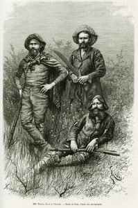 Leden van de expeditie: Mr. Thouar, Mr. Novis en Mr. Valverde. Gravure door Riou, ter illustratie van het verhaal Voyage dans le Chaco Boreal door Edouard Riou