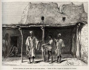 Moslimschoolkinderen zingen een gebed op de binnenplaats van een huis, beoefend in het land van Kong (Niger), de schoolkinderen ontvangen een handvol kaurischelpen, die ze aan hun leraar overhandigen en die overeenkomt met een soort belasting voor openbaar door Edouard Riou