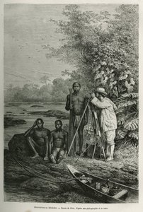 Observatie met theodoliet, Dr. Crevaux met zijn meetinstrumenten en zijn team van gidsen en dragers, in volle werksessie, gravure naar een tekening van Riou, ter illustratie van het verhaal De Cayenne aux Andes, door Jules Crevaux, arts van de Franse marin door Edouard Riou