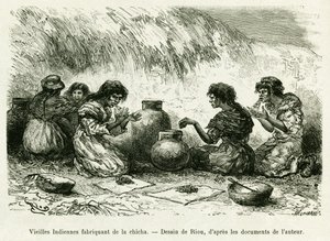 Oude Indiase vrouwen maken shisha. Gravure door Riou, ter illustratie van het verhaal Voyage dans le delta du Pilcomayo et de Buenos Aires a Sucre