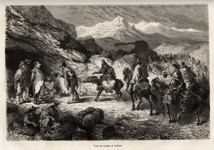 P.Marcoy vindt een vriend, die kolonel van genie en post werd in een grot nabij het meer van Cailloma, samen ontvangen ze het bezoek van de notabelen van de stad, geëtst naar een tekening van E.Riou, ter illustratie van de reis in de bergen, de Huarancalqu