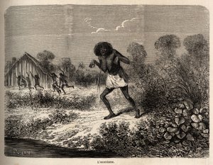 Paniek onder de Conibos-indianen, die vluchtten bij de aankomst van de expeditie van Paul Marcoy nabij Tumbaya (Peru), die zelf het slachtoffer was van een kwade bezwering door een oude indiaan, tekening door Riou om de reis van 1848 tot 1860 van P. Marcoy door Edouard Riou