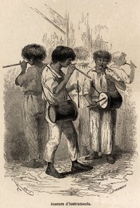 Spelers van muziekinstrumenten in Sarayacu (Peru), tekening door Riou, om de reis van Paul Marcoy van de Stille Oceaan naar de Atlantische Oceaan van 1848 tot 1860 te illustreren. Gravure in 