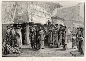 Oorsieraden spelend met Batak meisjes, etnische groep van Noord-Sumatra. Gravure door Riou. door Edouard Riou