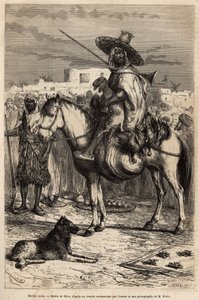 Portret van een Arabische koopman die zijn goederen (lammeren, gevogelte...) op zijn paard naar de markt brengt; de producten worden gepresenteerd in manden of op matten op de grond, gravure naar een tekening van E. Riou, ter illustratie van de reis naar T door Edouard Riou