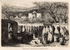 Processie naar de Marabout de Tlemcen (graf met een koepel van een vereerde man van de islam), gegraveerd naar een tekening van E. Riou, ter illustratie van de reis naar Tlemcen (Algerije), door E. de Lorral, in 1875, gepubliceerd in 
