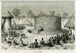 Ontvangst bij Mkwewe, stamhoofd, met de verteller. Gravure door Riou ter illustratie van het verhaal 