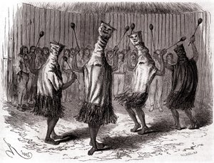 Rituele dans van de Ticuna-indianen van Peru met vermommingen en maskers door Edouard Riou