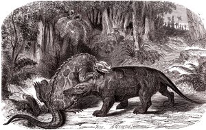 De Iguanodon en de Megalosaurus door Edouard Riou
