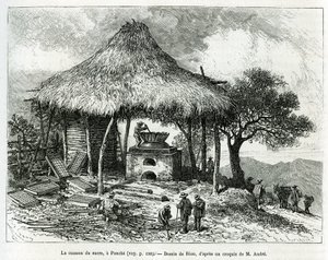 De suikerbakoven, in Panche (Colombia), illustratie van het verhaal van Equinoxiale Amerika (Colombia, Ecuador, Peru), in 1875-1876, door Ed. Andre, reiziger missie belast door de Franse regering. Gravure in Le tour du monde door Edouard Riou