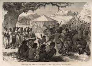 De band van de expeditie trekt de vrouwen en kinderen van het dorp Fatiko (Centraal-Afrikaanse Republiek) aan en veroorzaakt een gepassioneerd verlies van dans, gegraveerd naar een tekening van E. Riou ter illustratie van een expeditie in Centraal-Afrika,  door Edouard Riou
