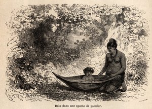 Het bad van het kind in een palmblad. Tekening door Riou, ter illustratie van de reis van de Stille Oceaan naar de Atlantische Oceaan