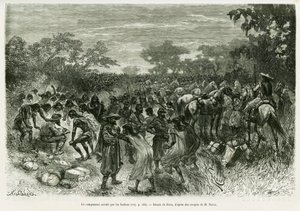 Het kamp overvallen door de indianen. Gravure door Riou, ter illustratie van het verhaal 