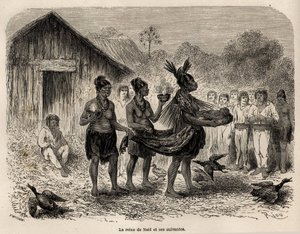 De viering van het kerstfeest in Sarayacu (Peru), de kerstkoningin draagt het kindje Jezus in een mand, en vergezeld door twee volgelingen, presenteert ze het kind aan alle huizen van het dorp, tekening door Riou, ter illustratie van Paul Marcoy