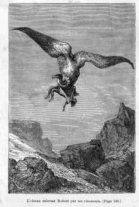 De kinderen van Kapitein Grant: De vogel ontvoerde Robert aan zijn kleren door Jules Verne, Editie Hetzel/Voyages Extraordinary 1868 door Edouard Riou