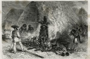 De crematie van een Roucouyenne (of wayana), stam die langs de Mana- en Maroni-rivieren leeft, tegenover de brandstapel, Dr. Crevaux, gravure door Riou, ter illustratie van de ontdekkingsreis in het binnenland van Guyana door Dr. Jules Crevaux, arts van de door Edouard Riou