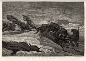 De bemanning van het schip La Germania, afgedaald op het ijs voor een jachtpartij, sleept hun slee over het ijs, terwijl de zon ondergaat, gravure naar de tekening van E.Riou, ter illustratie van een reis naar de Noordpool in 1869-1870 door de kapitein van