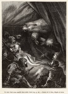 De bemanning van het schip La Germania, neergedaald op het ijs voor een jachtpartij, zette een tent op om te bivakkeren, die werd bezocht door een ijsbeer terwijl de mannen bang waren om te gaan liggen, gravure naar de tekening van E. Riou, ter illustratie