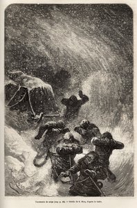 De bemanning van het schip La Germania, afgedaald op het ijs voor een jachtspel, werd verrast door een sneeuwstorm tijdens het slepen van de slee met hun materiaal, gravure naar de tekening van E. Riou, ter illustratie van een reis naar de Noordpool in 186