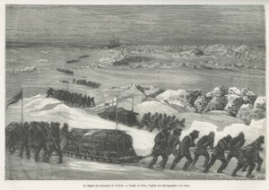 Het vertrek van de Alert-sleden, schip van de poolexpeditie, tekening door Riou, ter illustratie van het verhaal van een reis naar de poolzee in 1875-1876, door kapitein G.S. Nares. Gravure in Le tour du monde.