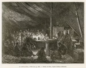 De goddelijke dienst aan boord, elke zondag om twaalf uur, verzamelt de bemanning zich onder een tent op het dek, een eenvoudige lezing van het evangelie door de kapitein van het schip dient als viering. Gravure naar de tekening van Riou, ter illustratie v