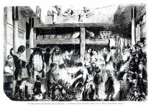 De avond voor vertrek naar Amerika - Duitse emigranten vertrekken naar de VS in het tussendek van een Amerikaanse lijnboot in de haven van Le Havre, c.1850