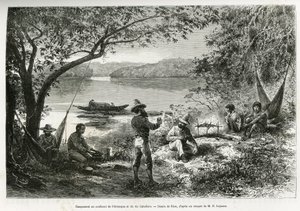 Het kamp van de ontdekkingsreizigers, bij de samenvloeiing van de Orenoque en de Cabullero rivier door Edouard Riou