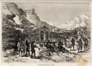 Het feest van San Isidro, patroon van de ploeger en beschermer van gewassen, in Challqui (Peru), de parade van meer dan 1000 indianen uit de omgeving, brengt het beeld van de heilige naar het altaar van de maagd, daarna verzamelen allen zich voor het feest