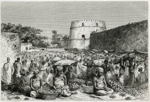 De fruitmarkt van Zanzibar (Tanzania). Gravure door Riou, ter illustratie van het verhaal 