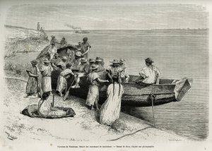 Het vertrek van rubberzoekers, in de buurt van Tabatinga (bovenste Amazonegebied). Gravure door Riou, illustratie van het verhaal van Cayenne aux Andes, door Jules Crevaux, arts van de Franse marine, in 1878-1879, gepubliceerd in Le tour du monde