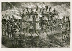 De fakkeltocht door de straten van San Jose, tekening door E. Riou, ter illustratie van de reis in de Titicaca-regio en de valleien van het oosten van Laag-Peru, in 1873 door Paul Marcoy. Gravure in 