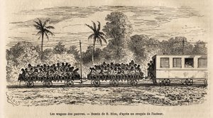 De wagen van de armen van de Paraguayaanse treinen, eenvoudige platforms bevestigd aan de staart van de treinen waarop passagiers zich opstapelen na vertrek van het Assumption station, gravure naar de tekening van E. Riou, ter illustratie van de reis naar 