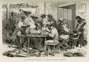 De werken van de natuurlijke historie, in Chipaque (Colombia), de voorbereiding van de uitdroging van planten voor herbarium, onder de nieuwsgierige blik van de Indianen, tekening door E. Riou, ter illustratie van de reis naar equinoxiaal Amerika (Colombia door Edouard Riou