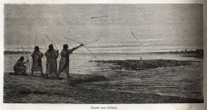 Schildpaddenjacht onder de Conibo-indianen van Peru. Illustratie van de reis van 1848 tot 1860 van P. Marcoy van de Stille Oceaan naar de Atlantische Oceaan. Gravure in 