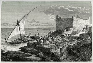Met de mest van reizigers die de haven van Moguedouchou (Mogadishu) binnenkomen, maken zeelieden een enorm kabaal om de mensen aan te trekken die hen met enthousiaste kreten verwelkomen. Gravure door Riou, ter illustratie van het verhaal 