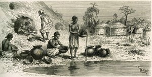 Vrouwen in het dorp Koumakhana wassen goud, op de achtergrond zoeken mannen goud in ondergrondse galerijen. Gravure door Riou, ter illustratie van het verhaal 