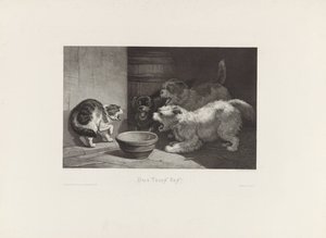 Blazende kat en drie blaffende honden bij een schotel door Edouard Taurel