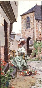 Parijse vrouw met een mand bloemen