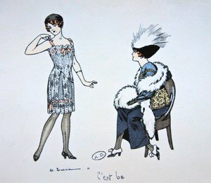 Mannequin toont een slip aan een klant, c.1912