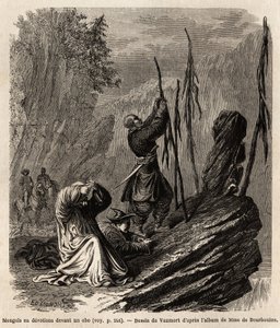 Mongolen in devotie voor een obo, nabij de Bakka en Mongolië bergen, tekening door Vaumort (? -1886) ter illustratie van de reis van Shanghai naar Moskou, van 1859 tot 1862, van M. de Bourboulon, Franse minister in China. Gravure in 