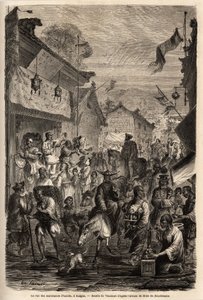 De straat van kledinghandelaren, Kalgan, Mongolië. Tekening door Vaumort (? -1886), ter illustratie van de reis van Shanghai naar Moskou, van 1859 tot 1862, van M. de Bourboulon, Franse minister in China. Gravure in 