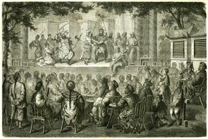 Zicht op een voorstelling van de Opera van Peking (Beijing), China, naar het reisverhaal van Madame de Bourboulon. Gravure naar een tekening van Vaumort, in 