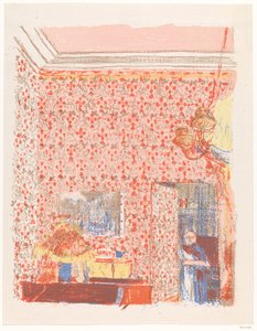 Interieur met roze wandtapijten I door Edouard Vuillard