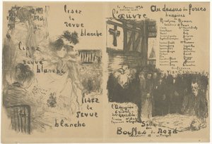 Omslag programmaboekje met advertentie voor La Revue Blanche en aankondiging van toneelstuk Au-dessus des forces humaines door Edouard Vuillard