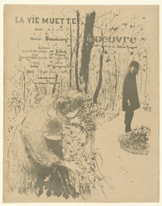 Omslag voor programmaboekje met vrouw met twee kinderen en man in park voor toneelstuk La vie muette door Edouard Vuillard